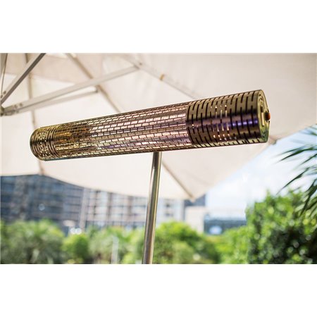 Stylishly designed patio heaters in champagne-colored steel provide warm  surfaces