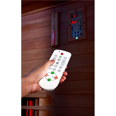 Infrared sauna made of glass and with smart sliding doors
